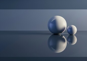 Poster - Two perfectly smooth, reflective spheres on a dark glossy surface show minimalism and balance in design