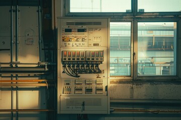 Poster - An electrical panel inside a building with a window. Ideal for illustrating electrical systems in architecture