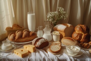 Sticker - Warm, inviting breakfast table with an assortment of breads, cheeses, and milk under soft lighting