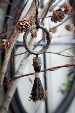 Rustic homemade dream catcher with natural elements and tassels hanging amongst bare branches