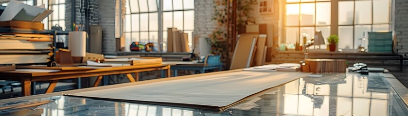 Poster - empty glass topped drafting table in engineering workspace for technical displays and product showca