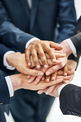 Poster - Business people, hands and stack for teamwork support or corporate community, partnership or solidarity. Colleagues, pile and target goals with company trust as workforce, connection or opportunity