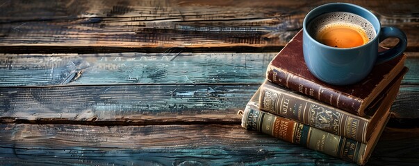 Poster - Cozy Vintage Literary Retreat with Coffee and Stacked Old Books on Wooden Table