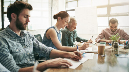 Aufkleber - Business people, meeting and teamwork brainstorming with paperwork or financial statistics, collaboration or strategy. Men, women and conference room planning at startup office, document or review