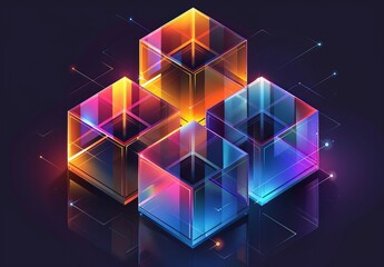 Wall Mural - Three-dimensional cubes glowing with neon colors against a dark backdrop, creating a futuristic and abstract vibe