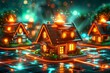 Illuminated Fantasy Village in Neon Landscape, Digital Smart Home Concept