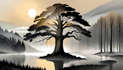 Wall Mural - Illustration of misty foggy autumn park landscape with trees, lake, mountain and sunlight