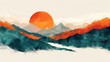 © tanapat - A hand drawn illustration of an abstract background with orange and teal gradients, a sun setting behind mountains, a white space in the middle for text, simple lines, in the style
