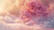Dreamy Pink Blossom Tree in a Mystical Foggy Landscape. Generative ai