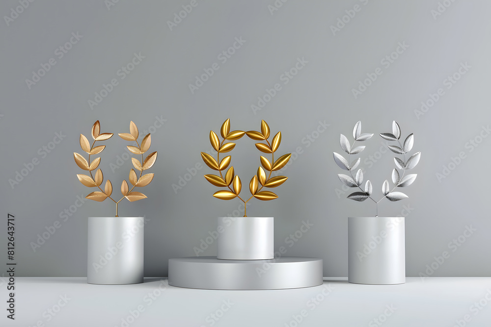 Winner background with golden, silver and bronze laurel wreaths with ...