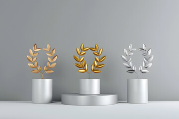 Winner background with golden, silver and bronze laurel wreaths with ribbons on round pedestal isolated on gray background winner podium sports symbols. Generative Ai.
