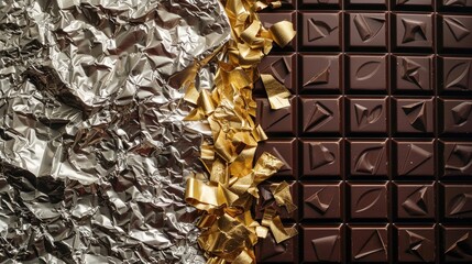 Wall Mural - Dark chocolate displayed against a backdrop of silver and gold foil