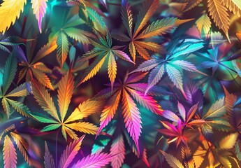 Wall Mural - A vivid digital illustration of multicolored cannabis leaves with a creative twist