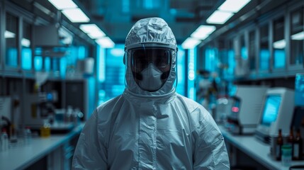 Canvas Print - A person in a white hazmat suit standing inside of an office, AI