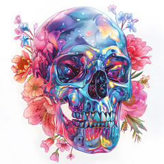 Wall Mural - Colorful skull surrounded by pink and blue flowers on a white background