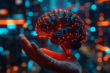 3D Circuit board in shape electronic brain with gyrus, symbol ai hanging over hand. Symbol of computer neural networks or artificial intelligence in neon cyberspace with glowing title on palm scientis