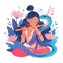 Wall Mural - Yoga woman is sitting on the ground with a snake wrapped around her. She is playing a flute