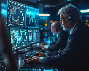 Poster - cybersecurity experts monitoring digital dashboards for potential threats in secure control room
