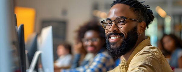 Aufkleber - diverse group of adults learning computer skills in an education classroom setting with smiling ment