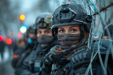 Wall Mural - Officers prepared for crowd control in uniform, helmets, and visors, standing behind barbed wire