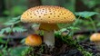 A beautiful photo of a large, yellow mushroom with a spotted cap and a white stem growing in a forest.