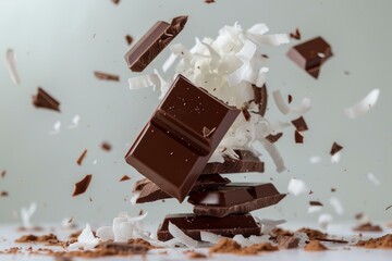 Sticker - Dynamic close-up of chocolate pieces with coconut shavings flying in mid-air