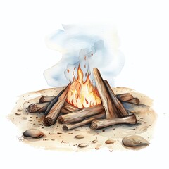 Wall Mural - Create a watercolor painting of a campfire. Include a variety of warm colors, such as red, orange, and yellow. The fire should be surrounded by a dark background, such as a forest.