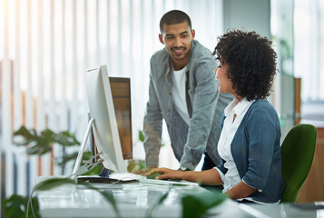 Poster - Business people, coaching and man with woman, computer and advice with internet, connection and publish. Progress, employees and editor with pc, solution and planning with journalist and copywriting