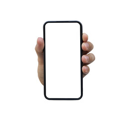 close up man left hand hold smartphone with blank screen isolated on transparent background for mark