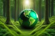 © Irina - Green digital earth surrounded by radiant light and trees. Earth day celebration background with copy space. A globe is surrounded by greenery and sunlight. Nature planet ecology design concept