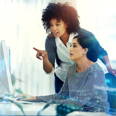 Wall Mural - Women, office and computer for research with teamwork and collaboration as web developers. People, support and learning or help on skill, career and growth for website design on double exposure