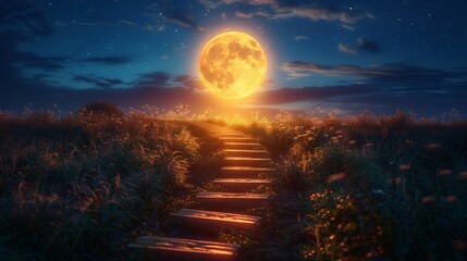 a moon is shining brightly in the sky above a field of grass