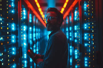 Poster - A man wearing glasses stands in front of a row of computer servers