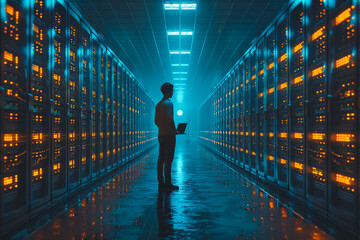 Poster - A man is standing in a large room with many computer servers