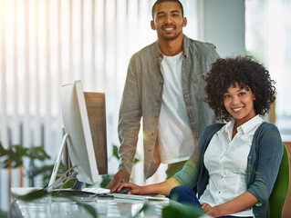Poster - Group, portrait and manager coaching worker in startup or leadership project together in creative news agency. Writers, computer or journalist helping, working or speaking of our vision or research