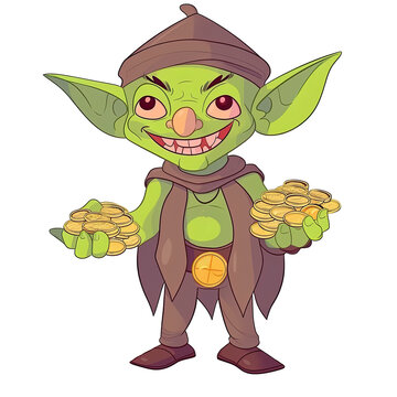 An illustration of a green goblin holding gold coins