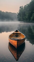 Wall Mural - serene canoe floating on misty lake at sunrise tranquil nature landscape with reflective waters