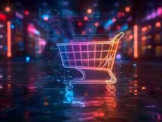 Neon Outline of Shopping Cart on Futuristic Digital Interface for E commerce Concept