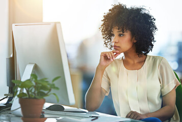 Poster - Office, monitor and woman with reading at desk for digital email, communication and feedback. Employee, journalist and person with thinking by computer for editing, research and review of article