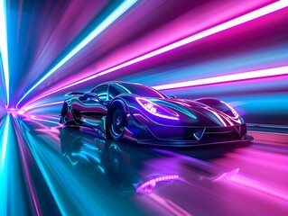 Poster - high speed neon lit tunnel with futuristic sports car in motion