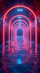 Poster - Neon Archway and Futuristic City Backdrop on Fashion Runway description This image depicts a sleek futuristic fashion runway with a stunning neon