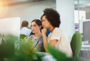 Poster - business women, computer and teamwork or thinking of online ideas, planning or project startup in wo