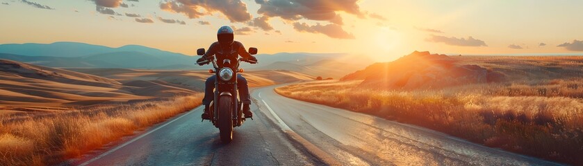 Motorcycle Ride on Scenic Highway at Sunset Surrounded by Mountains and Nature