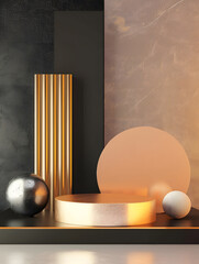 Wall Mural - Set of 3D background with podium. Black, golden, silver and pink gold with luxury geometric forms set scene. Abstract minimal wall scene for mockup products display.. Generative Ai.