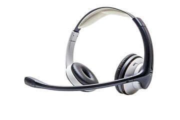 A black and white headset with a microphone on the left side and a white earpiece on the right