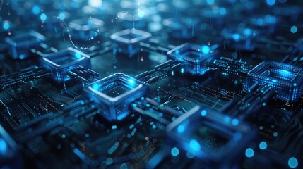 Poster - High-tech computer circuit board with blue lights. Perfect for technology concepts