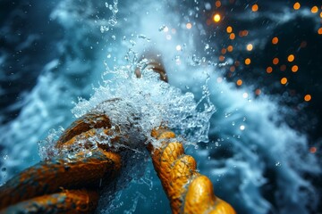 Poster - A dynamic image capturing the moment water splashes against a rope, backlit by warm glowing orbs