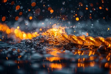 Poster - An intense image capturing the dynamic interplay of light and water, creating a fiery illusion with bubbles