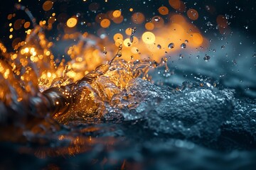 Poster - Vibrant interaction of golden droplets with aquatic turbulence enhanced by warm light in background