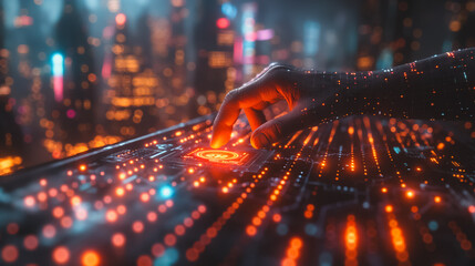 Poster - A hand is pointing at a glowing computer screen. Concept of technology and innovation, as well as the idea of human interaction with machines. The bright colors and glowing lights create a futuristic